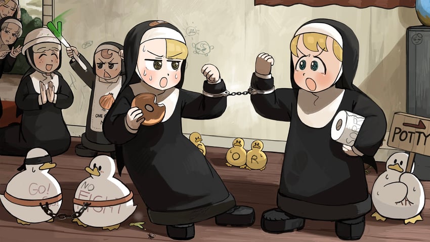 clumsy nun, froggy nun, spicy nun, strict nun, sheep nun, and 1 more (little nuns) drawn by diva_(hyxpk)