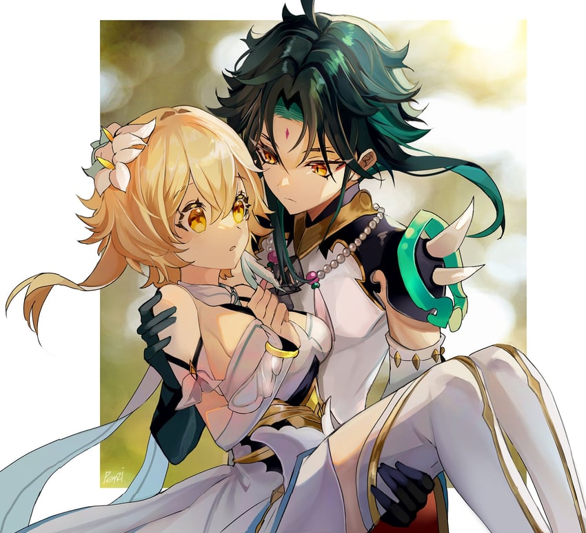 lumine and xiao (genshin impact) drawn by penzi_(mok_pen)
