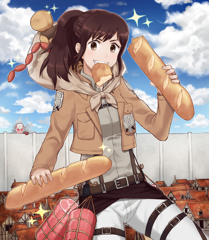 titan, sasha blouse, and colossal titan (shingeki no kyojin) drawn by minari