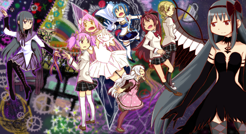 akemi homura, kaname madoka, miki sayaka, sakura kyoko, tomoe mami, and 3 more (mahou shoujo madoka magica and 1 more) drawn by ajisai614v