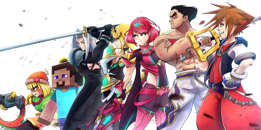 pyra, sephiroth, sora, mythra, mishima kazuya, and 2 more (final fantasy and 10 more) drawn by aldafera_art