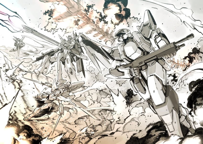 destiny gundam, lancelot, arx-7 arbalest, and orguss (gundam and 9 more) drawn by kato_takuji