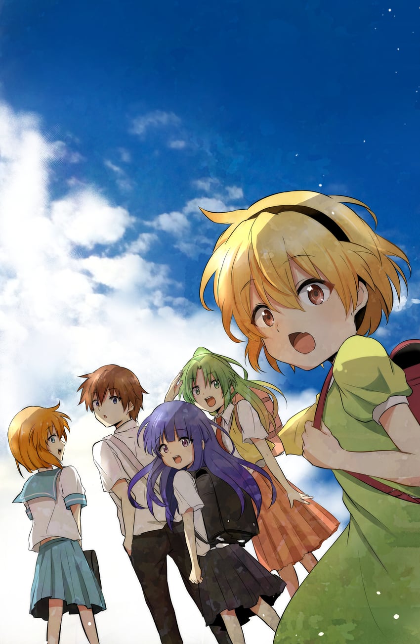 furude rika, ryuuguu rena, houjou satoko, sonozaki mion, and maebara keiichi (higurashi no naku koro ni) drawn by shosudo