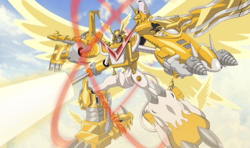 shoutmon x7 superior mode and shoutmon x7 (digimon and 1 more) drawn by giga-kunskap