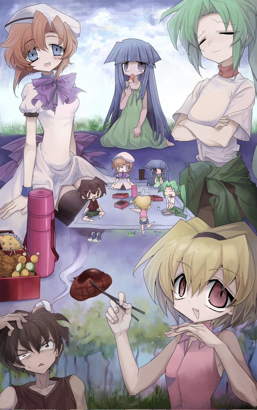 furude rika, ryuuguu rena, houjou satoko, sonozaki mion, and maebara keiichi (higurashi no naku koro ni) drawn by meyou_0319