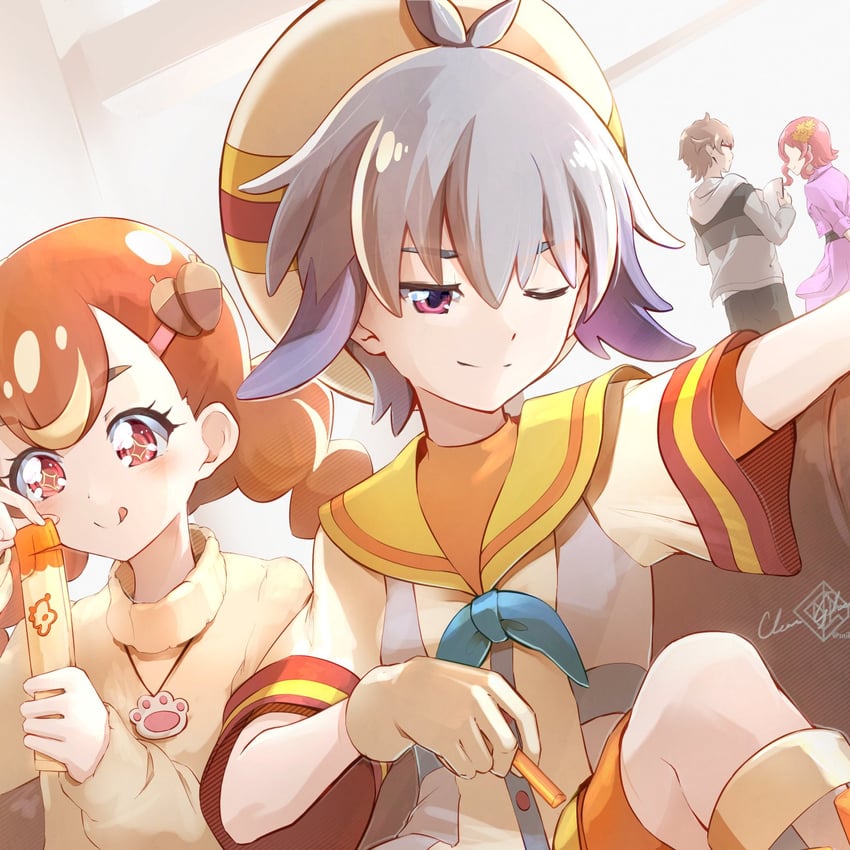 inukai komugi, inukai iroha, toyama satoru, daifuku, and toyama daifuku (precure and 1 more) drawn by clear_glass_(mildmild1311)