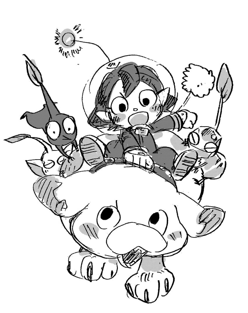 red pikmin, yellow pikmin, rescue officer, oatchi, and ice pikmin (pikmin and 1 more) drawn by taichohanuma