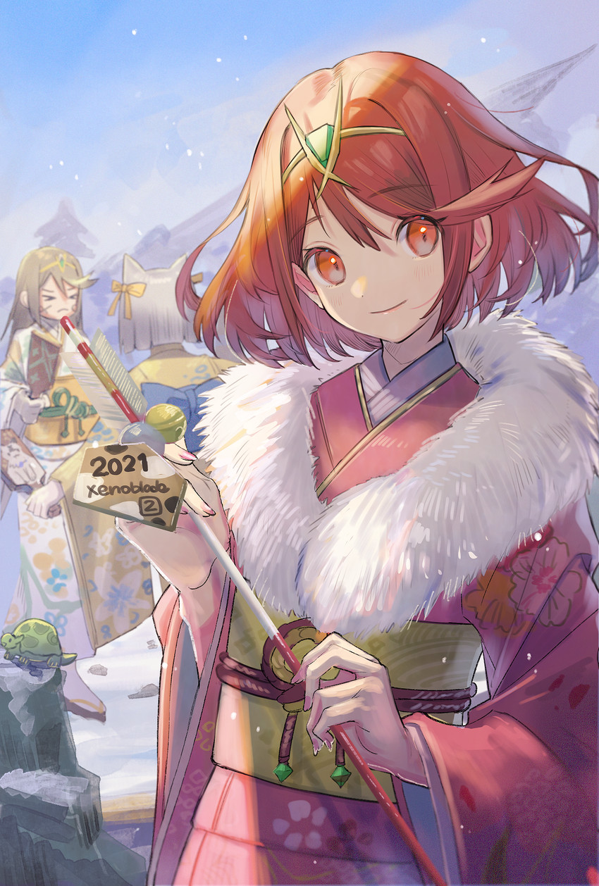 pyra, mythra, nia, and turters (xenoblade chronicles and 1 more) drawn by fujie-yz