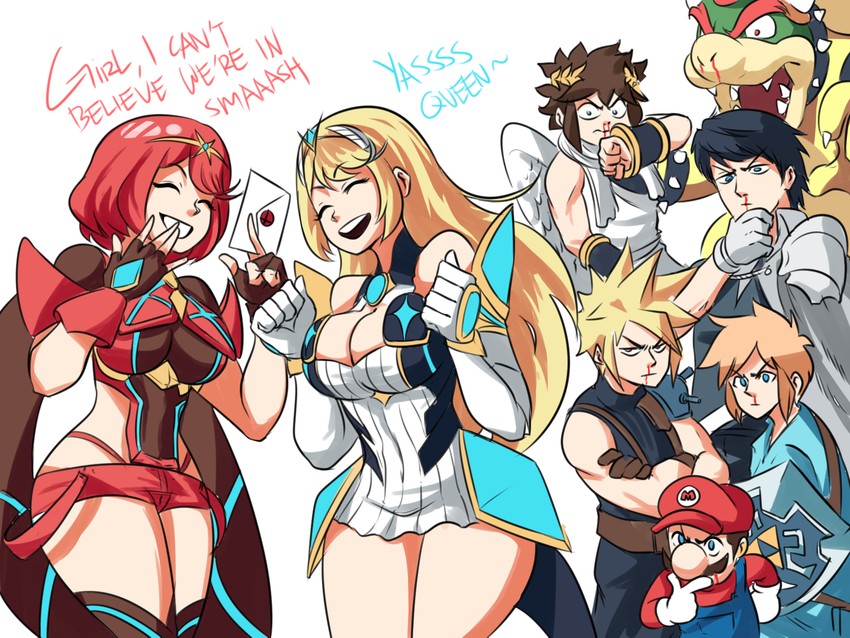 link, cloud strife, pyra, mythra, mario, and 3 more (fire emblem and 12 more) drawn by tina_fate
