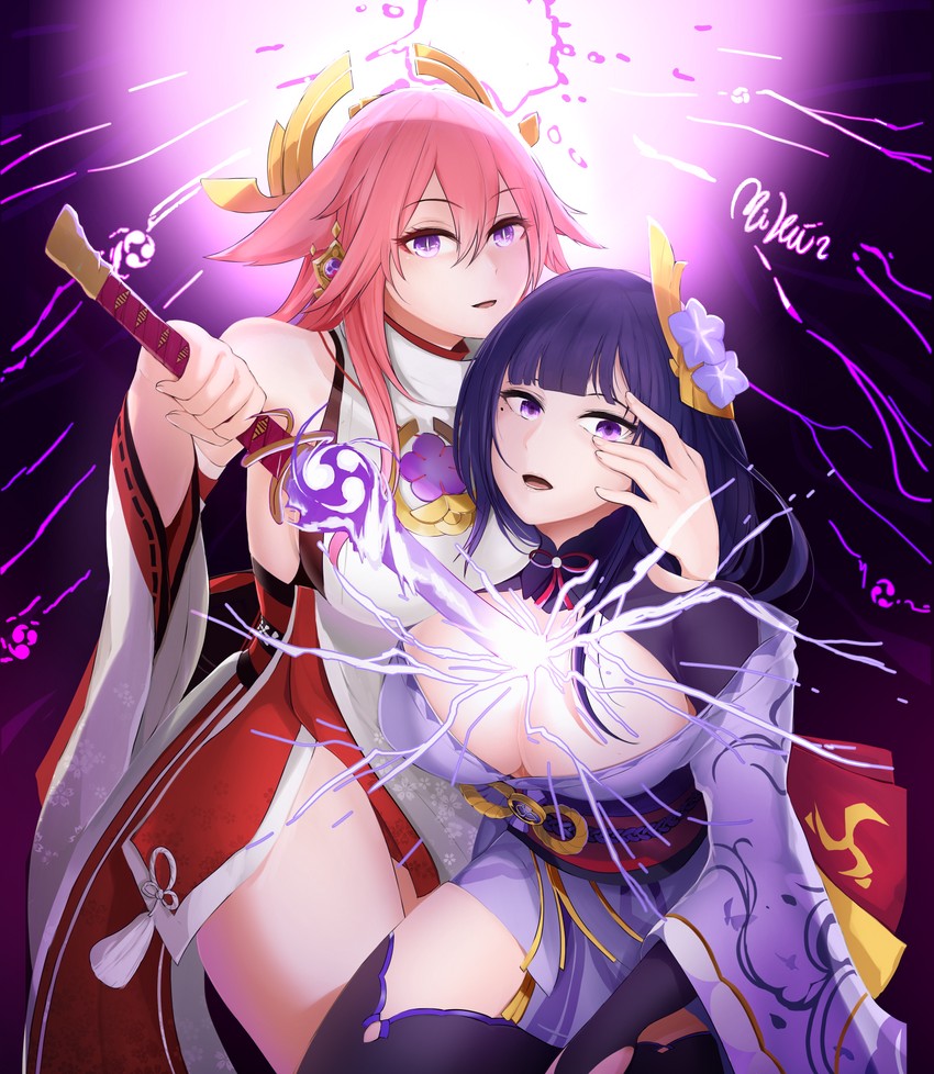 raiden shogun and yae miko (genshin impact) drawn by mikamino96