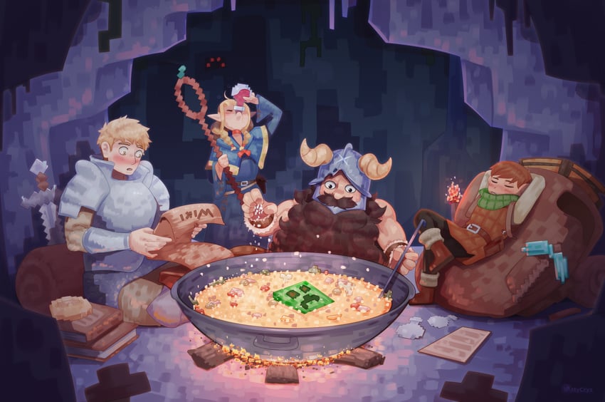 marcille donato, laios touden, senshi, chilchuck tims, and creeper (dungeon meshi and 1 more) drawn by mycrys