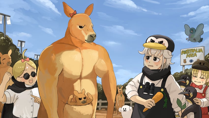 penguin keeper, penguin fan, and kangaroo keeper (zookeepers) drawn by diva_(hyxpk)