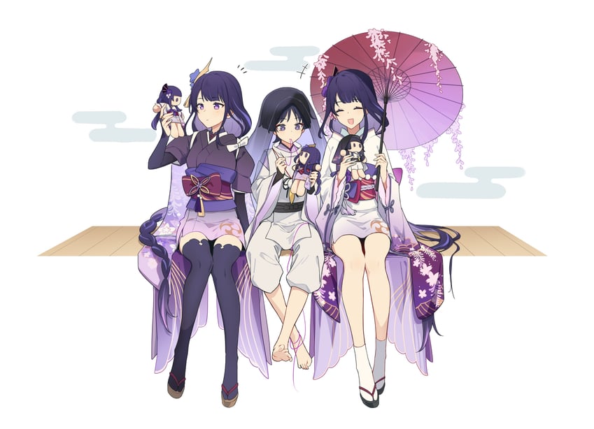 raiden shogun, scaramouche, and makoto (genshin impact) drawn by hei_lang
