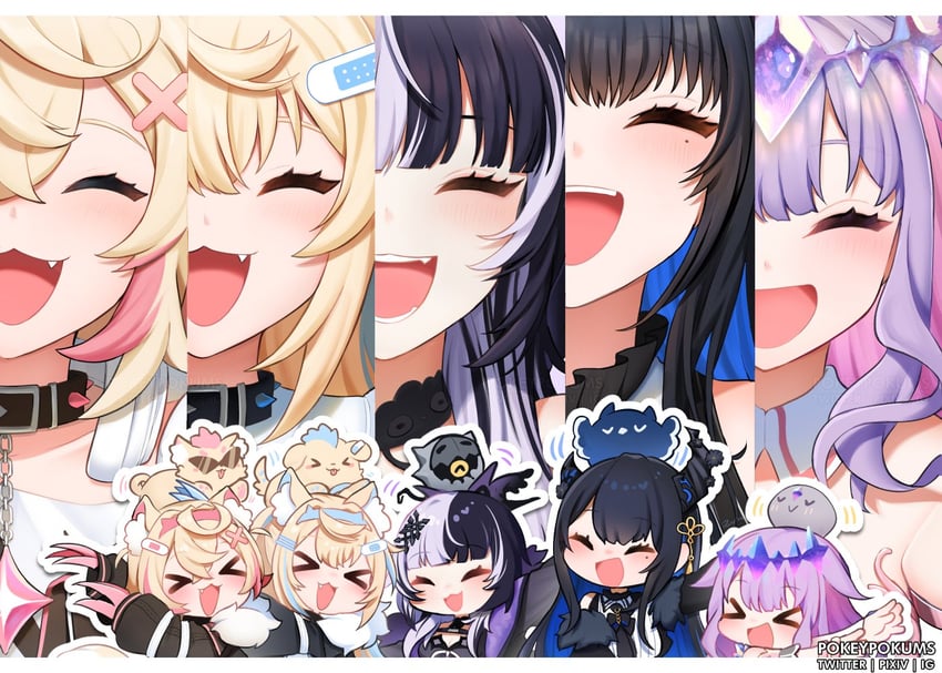 shiori novella, nerissa ravencroft, fuwawa abyssgard, mococo abyssgard, koseki bijou, and 4 more (hololive and 1 more) drawn by pokey