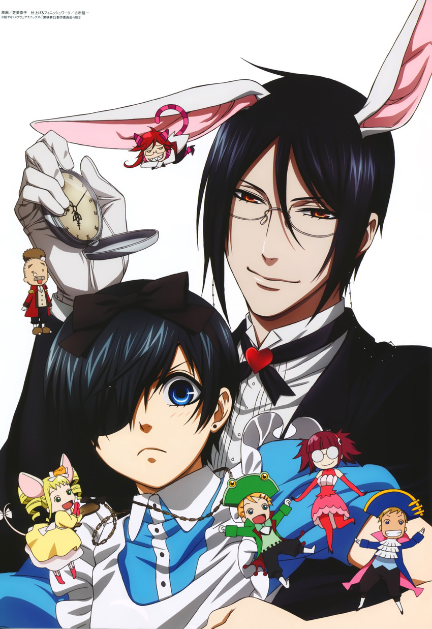 ciel phantomhive, sebastian michaelis, grell sutcliff, meirin, elizabeth ethel cordelia midford, and 1 more (alice's adventures in wonderland and 1 more) drawn by shiba_minako