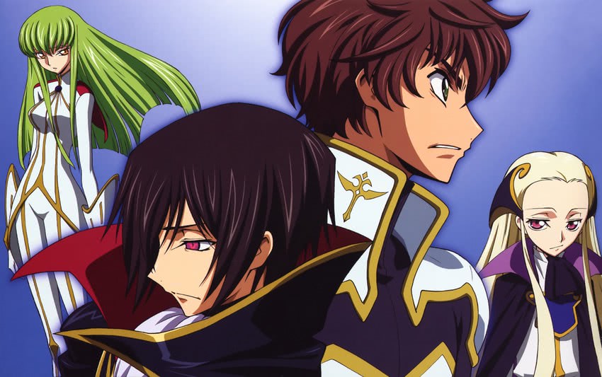 c.c., lelouch vi britannia, kururugi suzaku, and v.v. (code geass) drawn by shinbo_takurou