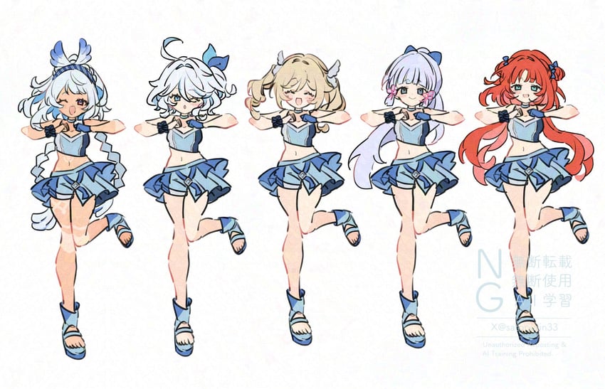 furina, kamisato ayaka, nilou, barbara, and mualani (genshin impact) drawn by satou_(satopurin33)