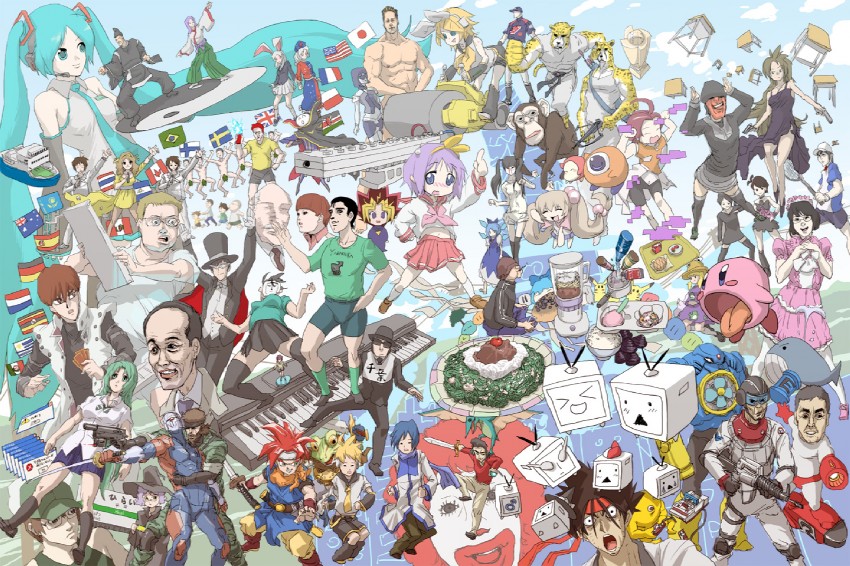 hatsune miku, cirno, reisen udongein inaba, kagamine rin, moriya suwako, and 38 more (touhou and 30 more) drawn by daromeon