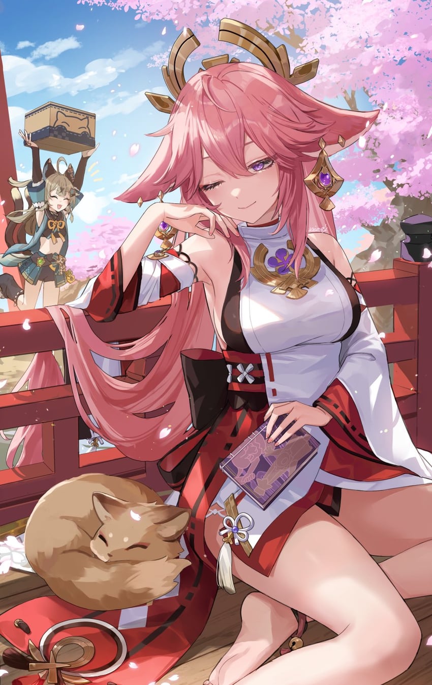 yae miko and kirara (genshin impact) drawn by nima_(niru54)