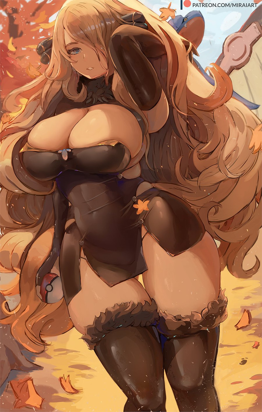 cynthia and garchomp (pokemon and 1 more) drawn by mirai_hikari