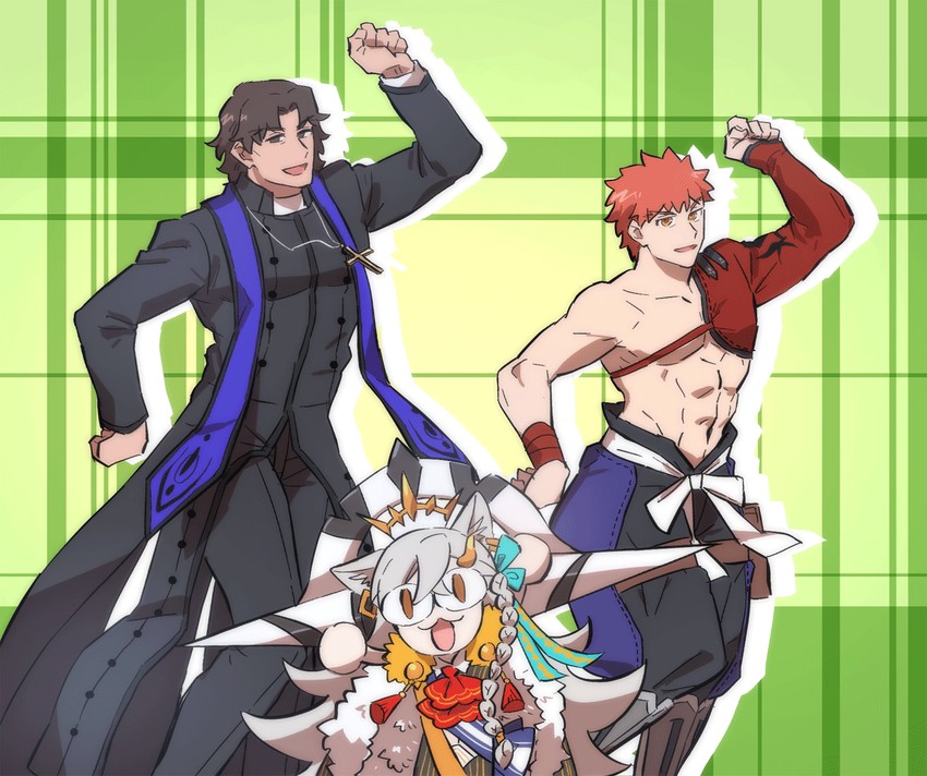 emiya shirou, kotomine kirei, senji muramasa, olga marie animusphere, u-olga marie, and 1 more (fate and 2 more) drawn by takeyama_(potc)