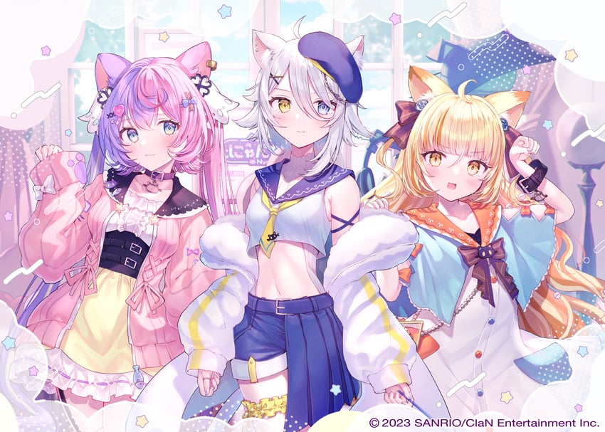nyamafuji anzu, nyamamugi tart, and nyamashiro soda (sanrio and 2 more) drawn by kappe_reeka