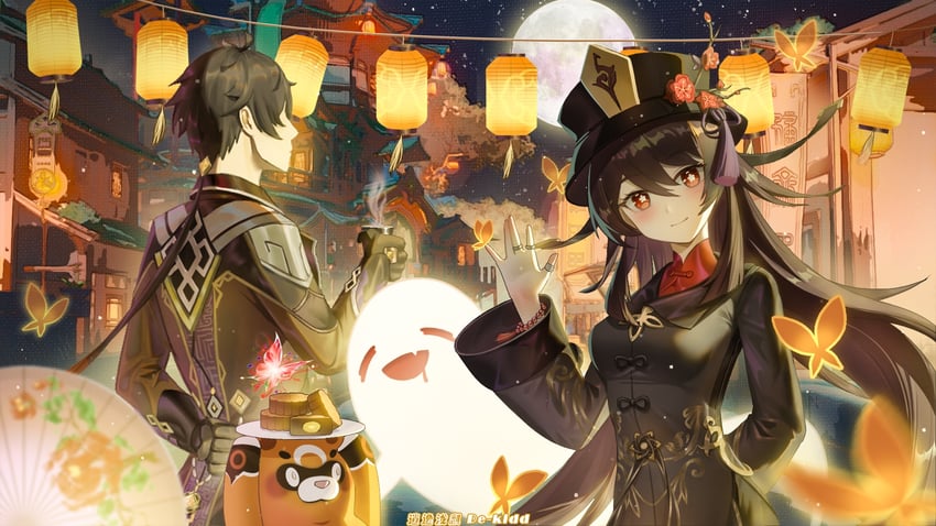 hu tao, zhongli, boo tao, and guoba (genshin impact) drawn by dekidd17219