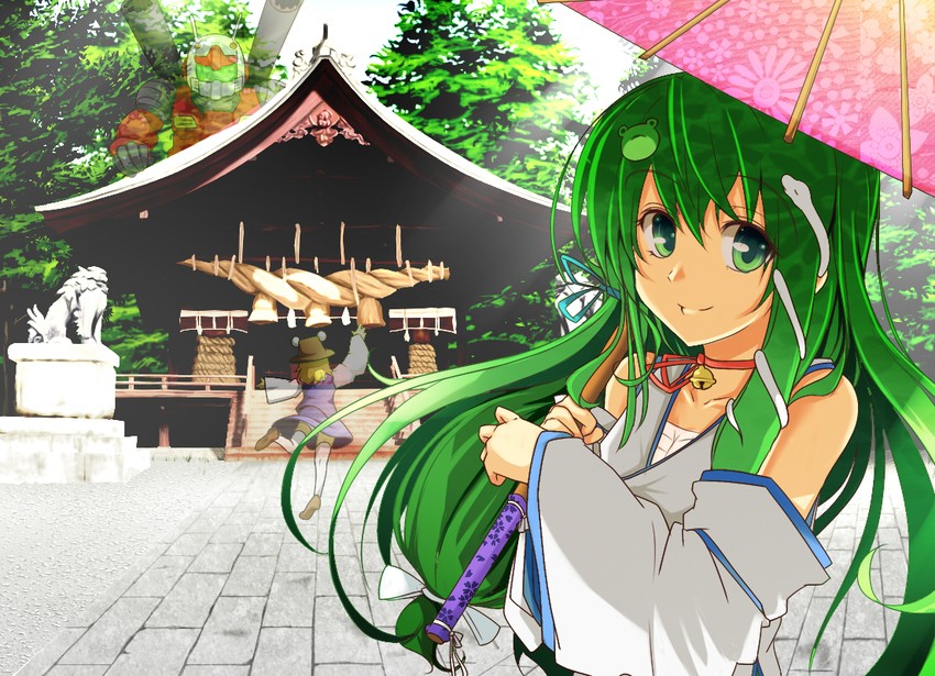 kochiya sanae, moriya suwako, and guncannon (touhou and 1 more) drawn by fukunaga_kazuhiro