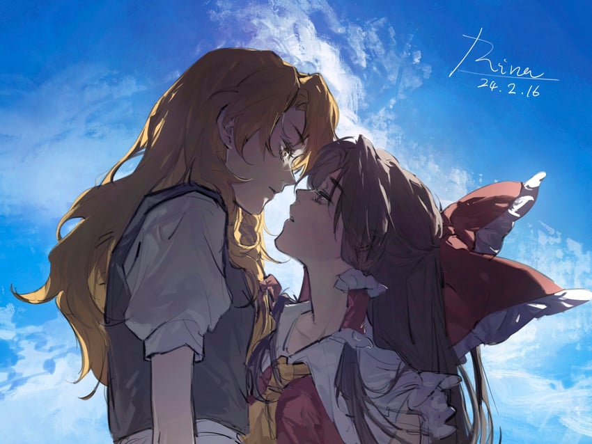hakurei reimu and kirisame marisa (touhou) drawn by aihara-rina