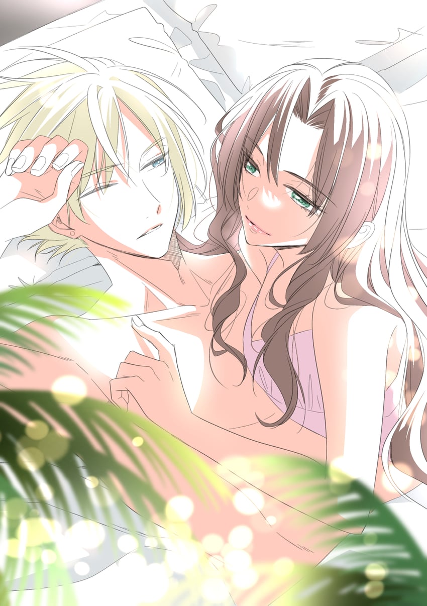 cloud strife and aerith gainsborough (final fantasy and 3 more) drawn by kiiti_kagamiike