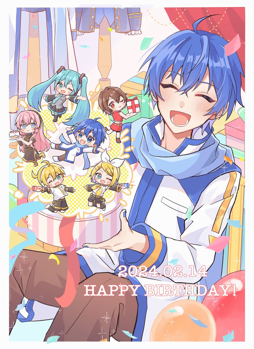 hatsune miku, kagamine rin, kagamine len, megurine luka, kaito, and 1 more (vocaloid) drawn by haru_(ru_k)
