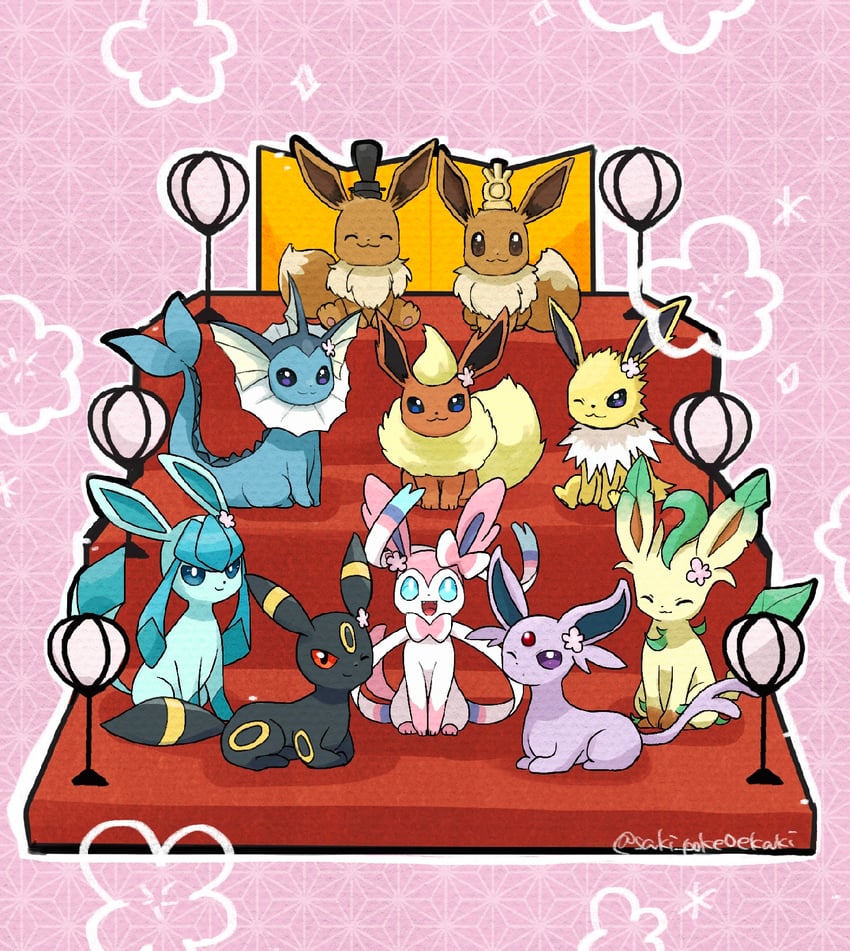 eevee, sylveon, umbreon, glaceon, vaporeon, and 4 more (pokemon) drawn by saki_pokeoekaki
