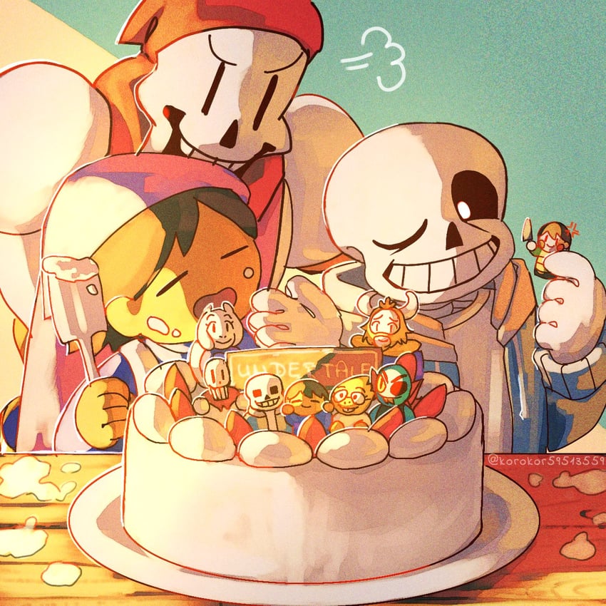 frisk, chara, sans, papyrus, undyne, and 4 more (undertale) drawn by noah_(rokoroko)