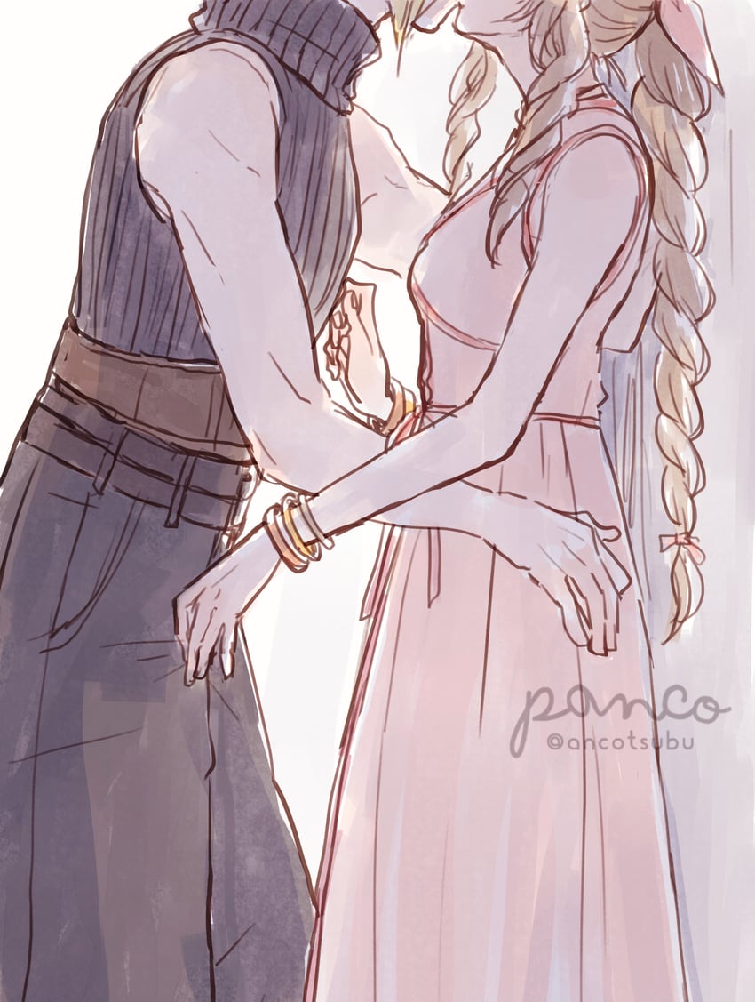 cloud strife and aerith gainsborough (final fantasy and 3 more) drawn by ancotsubu