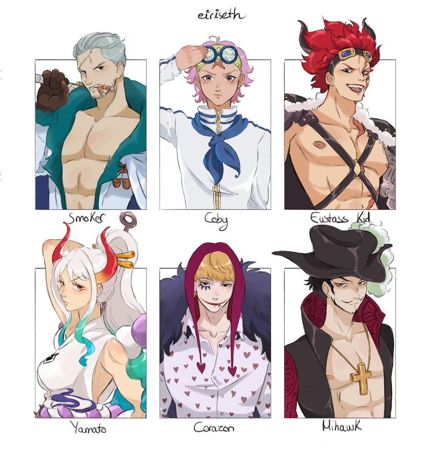 yamato, dracule mihawk, donquixote rocinante, smoker, eustass kid, and 1 more (one piece) drawn by eiriseth
