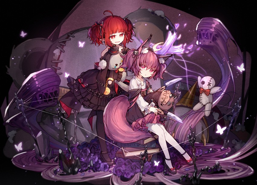 shamare, female mage, and morte (arknights and 1 more) drawn by hiragi_rin