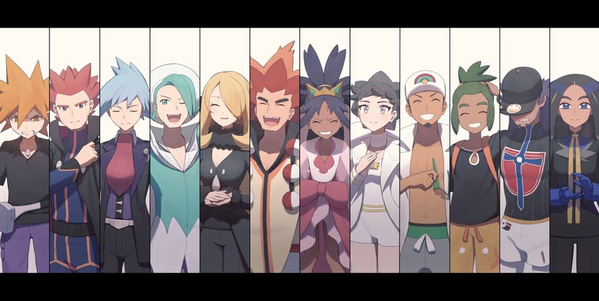 cynthia, leon, blue oak, iris, steven stone, and 7 more (pokemon and 12 more) drawn by odd_(hin_yari)