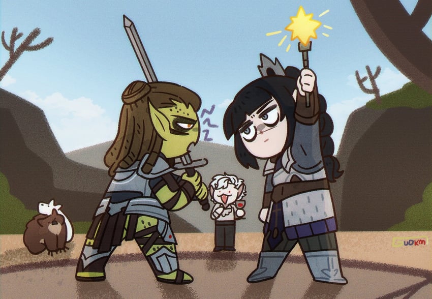 shadowheart, astarion, lae'zel, owlbear, and scratch (dungeons & dragons and 2 more) drawn by guo_km