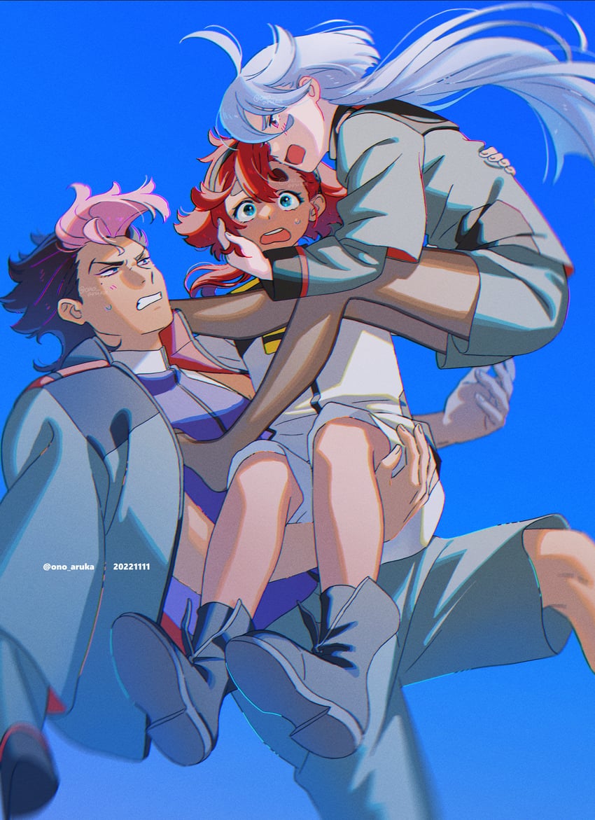 suletta mercury, miorine rembran, and guel jeturk (gundam and 1 more) drawn by kotori_(gokigen_iori)