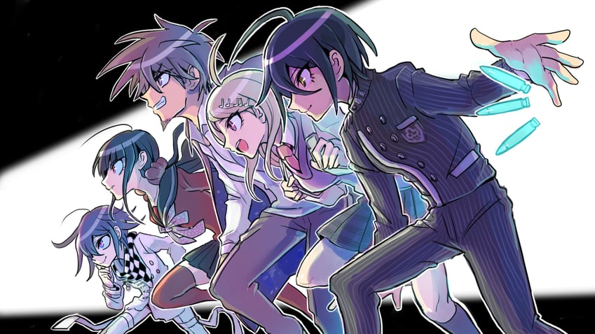 oma kokichi, saihara shuichi, akamatsu kaede, harukawa maki, and momota kaito (danganronpa and 1 more) drawn by kumakoro_(tetsupag)