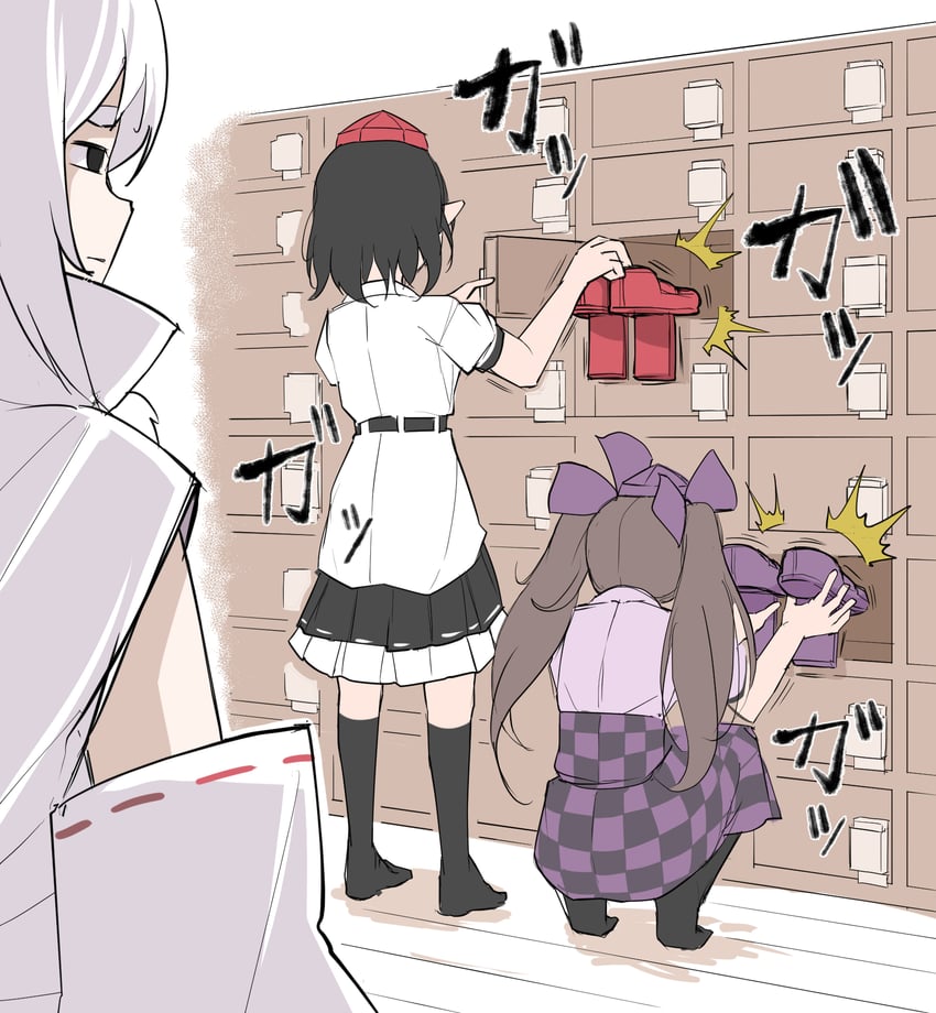 shameimaru aya, inubashiri momiji, and himekaidou hatate (touhou) drawn by peroponesosu.