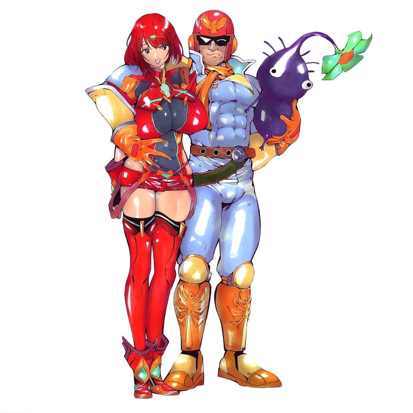 pyra, purple pikmin, and captain falcon (xenoblade chronicles and 4 more) drawn by artbycale