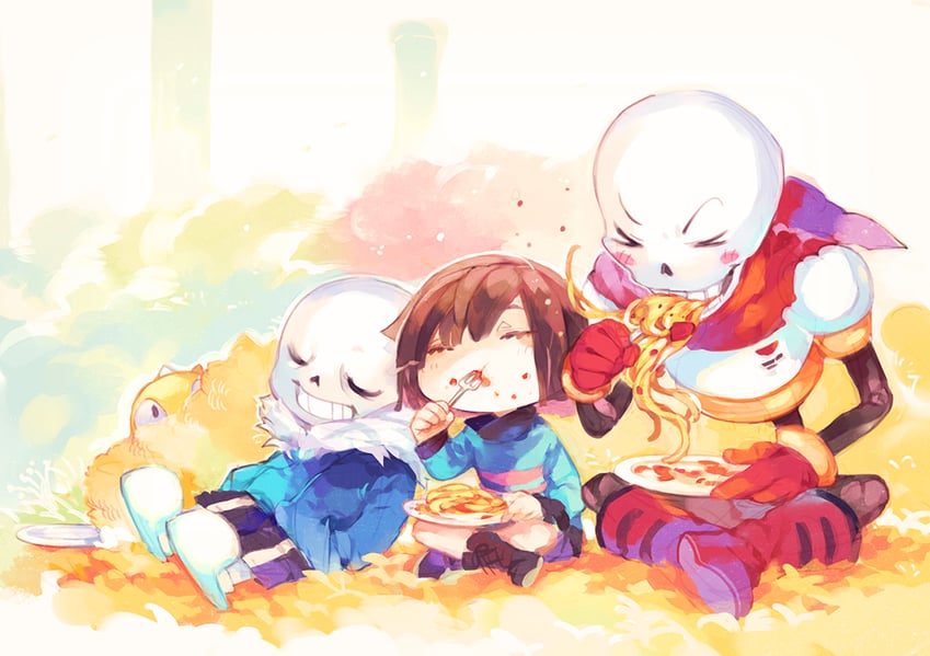 frisk, sans, papyrus, and monster kid (undertale) drawn by mii_(chibinomi)