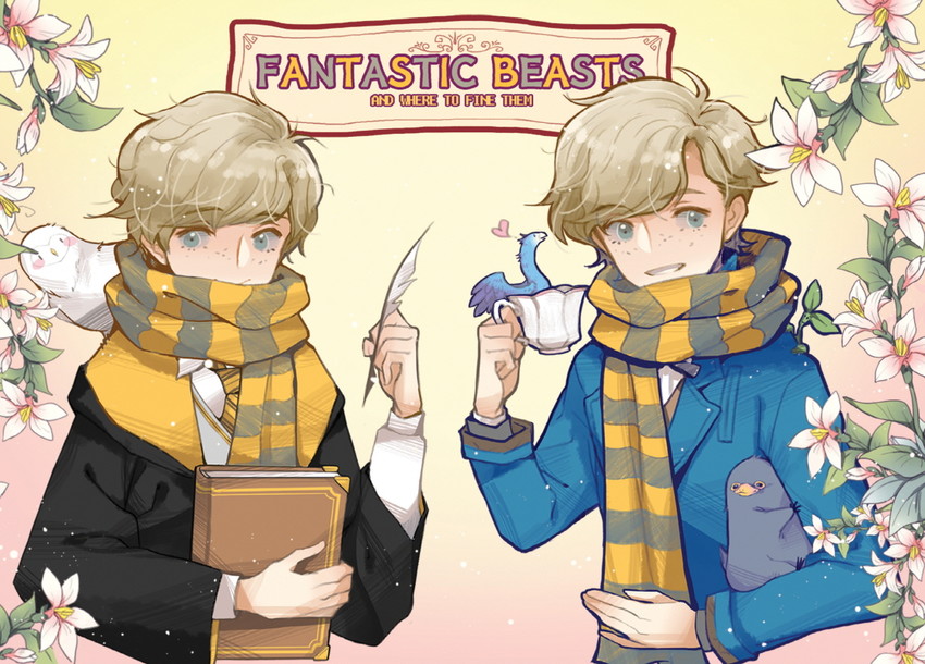 newt scamander, niffler, bowtruckle, and occamy (wizarding world and 1 more) drawn by zigi