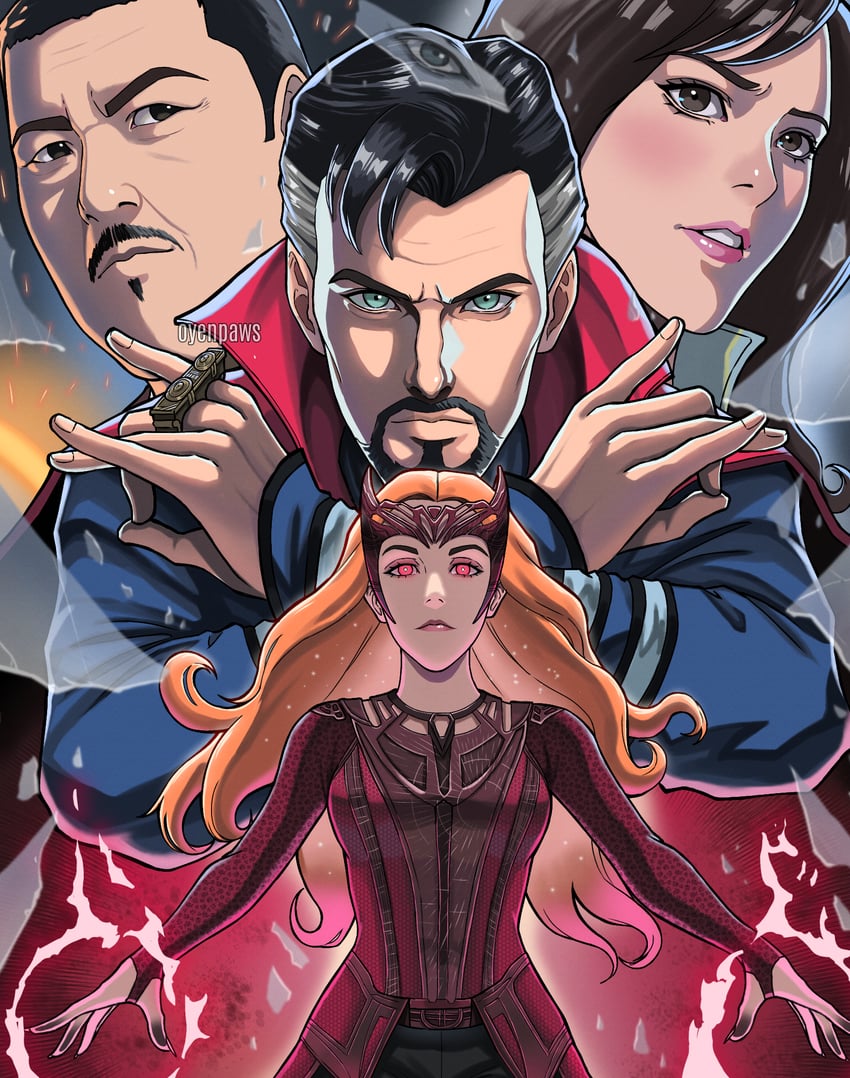 wanda maximoff, scarlet witch, doctor strange, america chavez, and wong (marvel and 3 more) drawn by oyenpaws