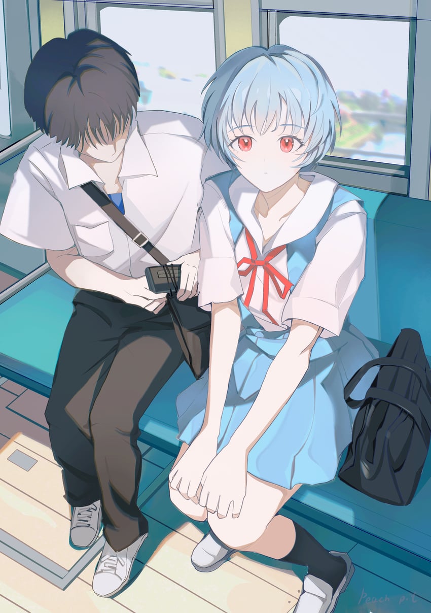 ayanami rei and ikari shinji (neon genesis evangelion) drawn by peach_pit!