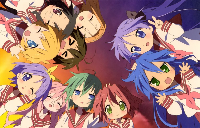 hiiragi kagami, izumi konata, hiiragi tsukasa, takara miyuki, kobayakawa yutaka, and 5 more (lucky star) drawn by horiguchi_yukiko