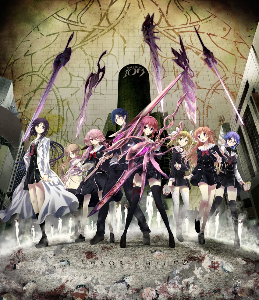 onoe serika, miyashiro takuru, arimura hinae, kurusu nono, kazuki hana, and 3 more (chaos;child) drawn by cry-planet
