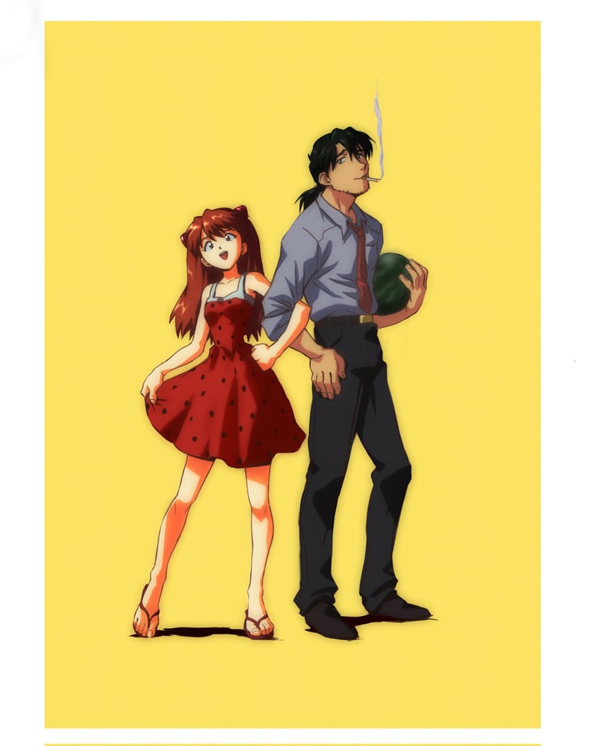 souryuu asuka langley and kaji ryouji (neon genesis evangelion) drawn by amondetauro