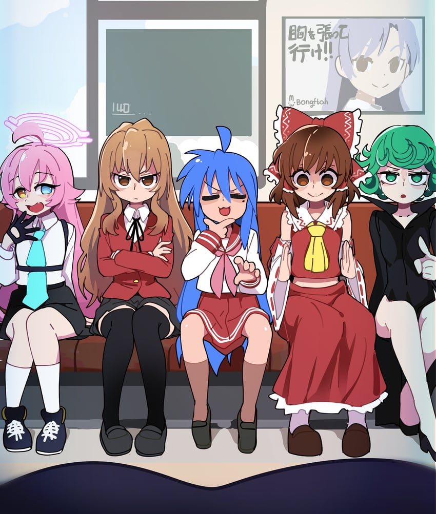 hakurei reimu, hoshino, izumi konata, kisaragi chihaya, tatsumaki, and 2 more (touhou and 5 more) drawn by bongfill